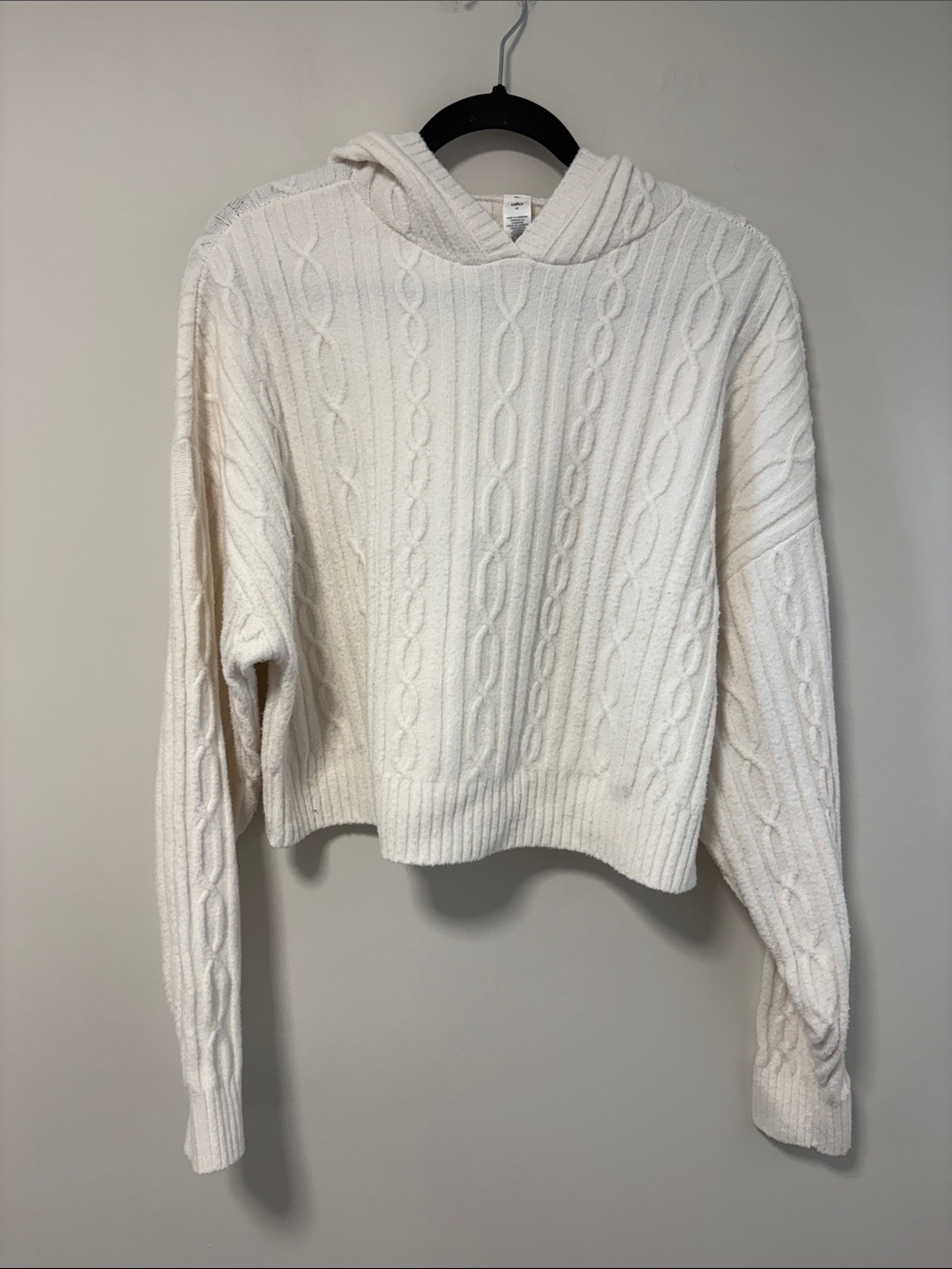 ALO Yoga Cable-Knit Hooded Pullover in Cream